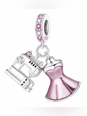 Silver & Pink Dress & Sewing Machine Dangle Charm
